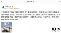 零跑汽车2025年前四月海外销量领跑 新势力品牌出口冠军实至名归